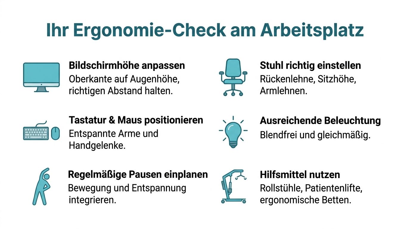 Eine Infografik mit sechs wichtigen Tipps zur Ergonomie am Arbeitsplatz für eine gesunde Körperhaltung und Arbeitsweise.