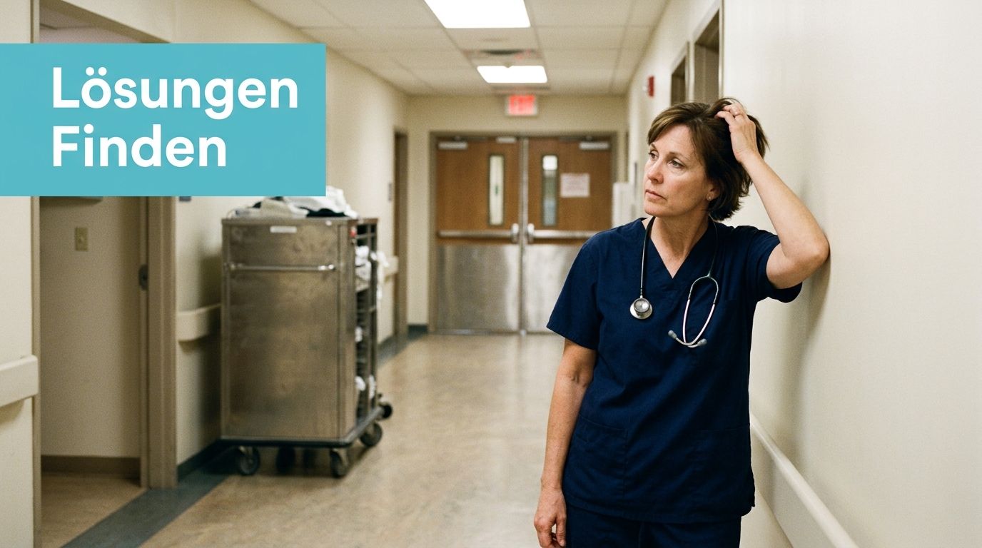 Eine erschöpfte Krankenschwester steht nachdenklich in einem Krankenhausflur und sucht nach Lösungen für ihre Arbeitssituation.