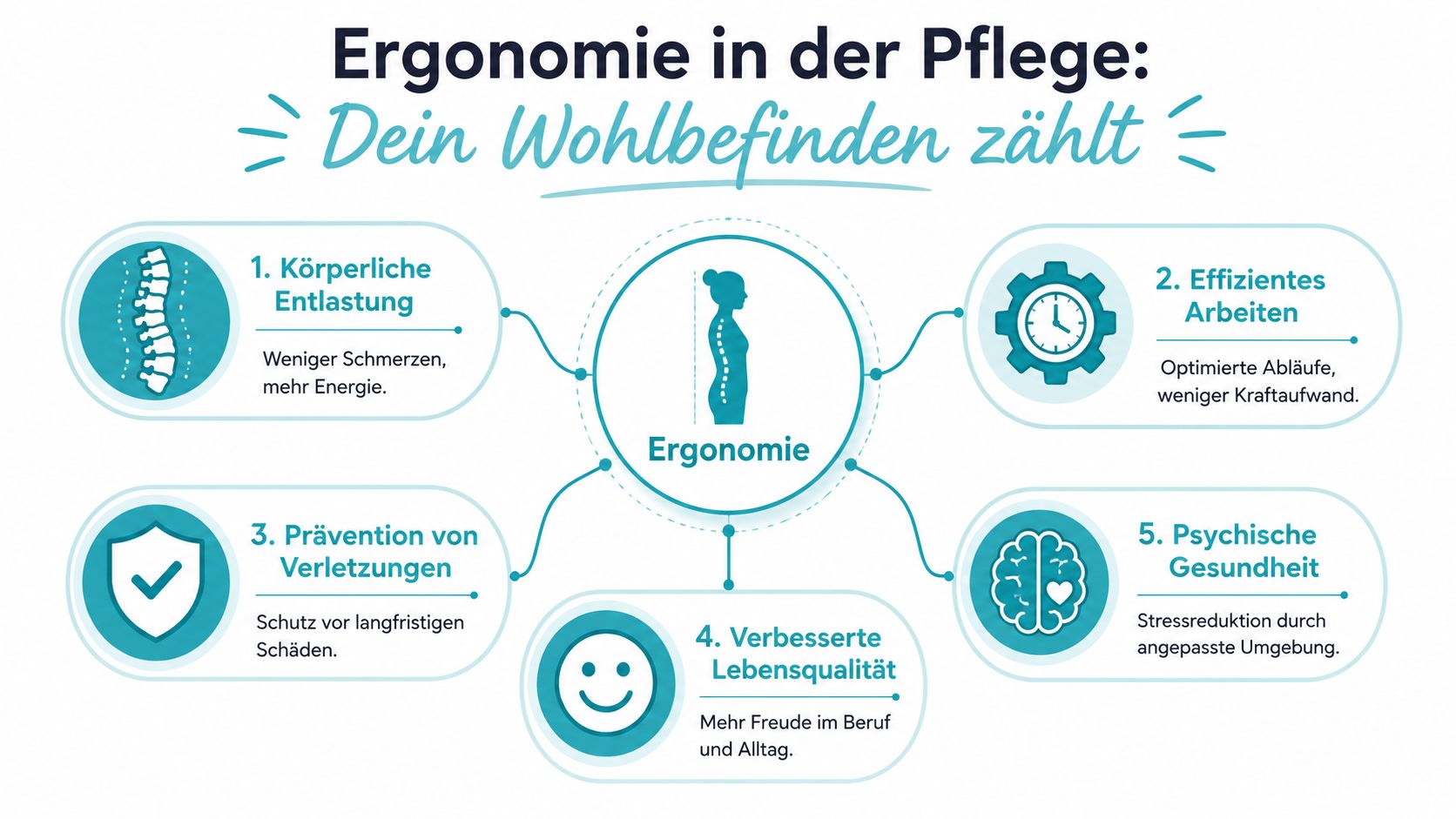 Infografik zur Ergonomie in der Pflege mit fünf Vorteilen für die körperliche und psychische Gesundheit am Arbeitsplatz.