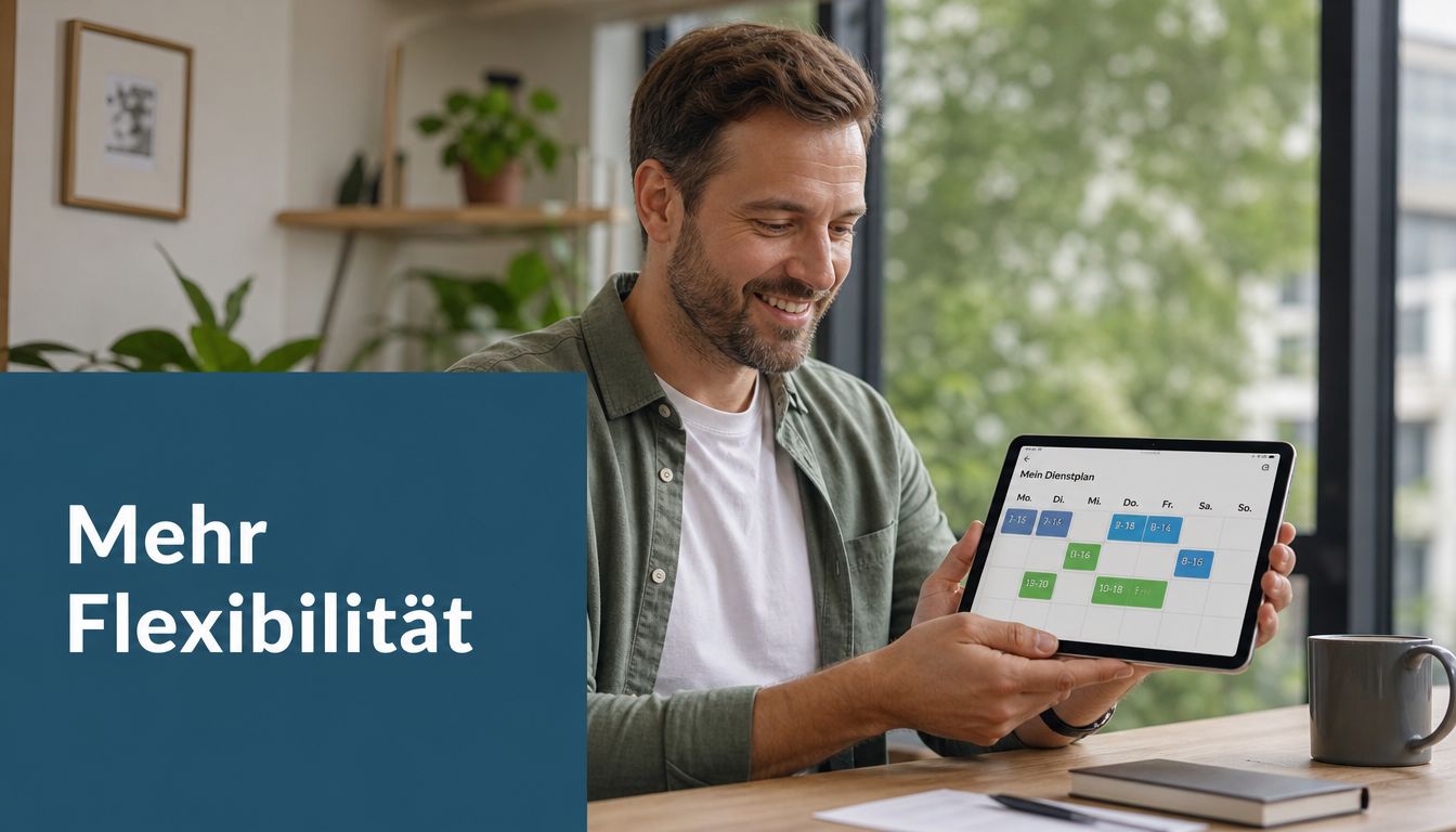 Ein lächelnder Mann sitzt an einem Schreibtisch und hält ein Tablet mit einem digitalen Dienstplan in der Hand.