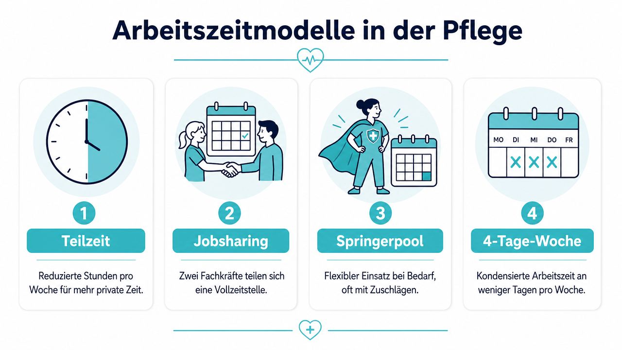 Eine Infografik mit vier verschiedenen Arbeitszeitmodellen in der Pflege wie Teilzeit, Jobsharing, Springerpool und 4-Tage-Woche.