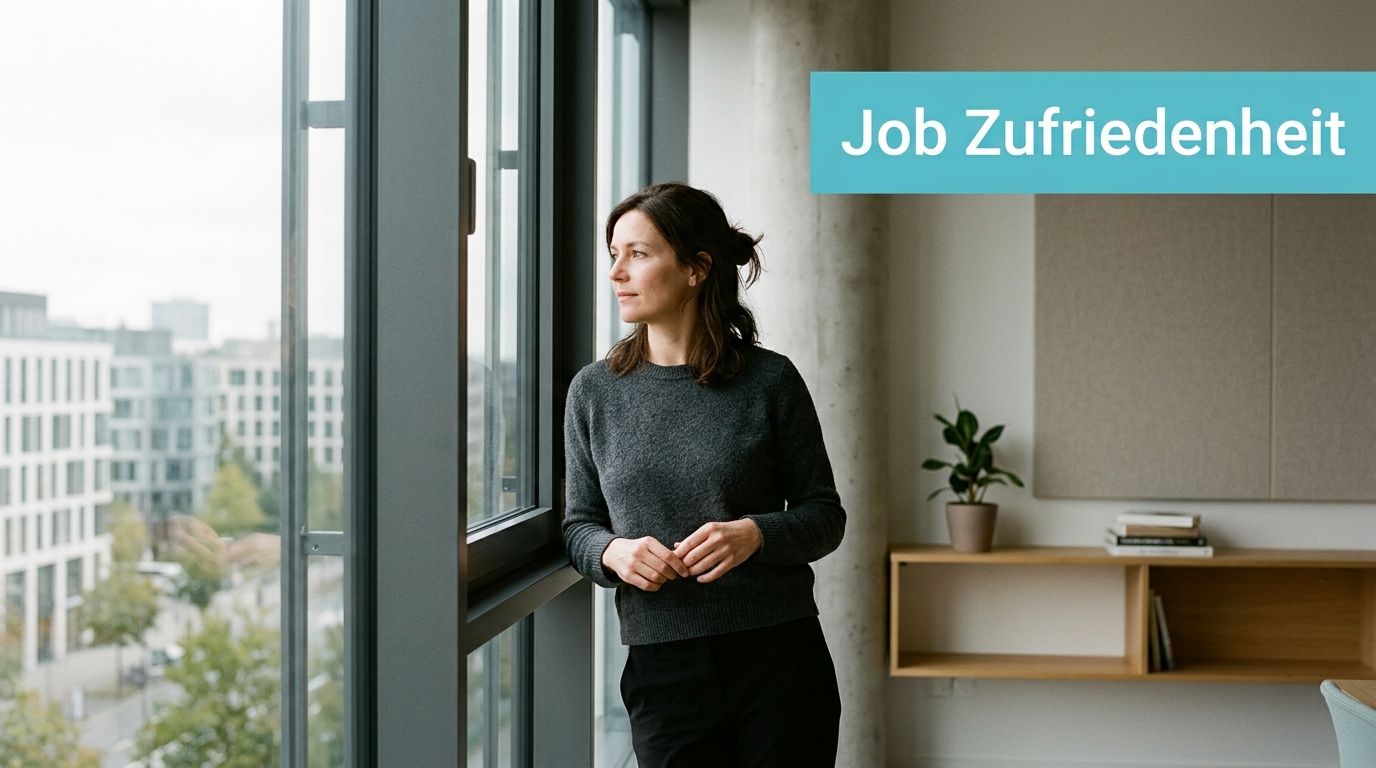 Eine Frau in einem modernen Büro blickt nachdenklich aus dem Fenster auf eine städtische Umgebung.