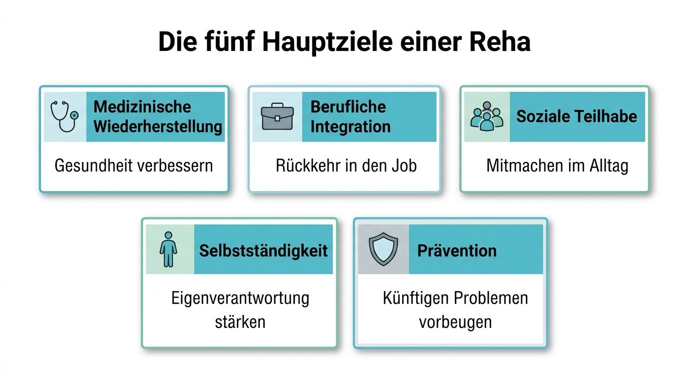 Eine Übersichtsgrafik, die die fünf Hauptziele einer medizinischen Rehabilitation in Deutschland einfach und übersichtlich darstellt.