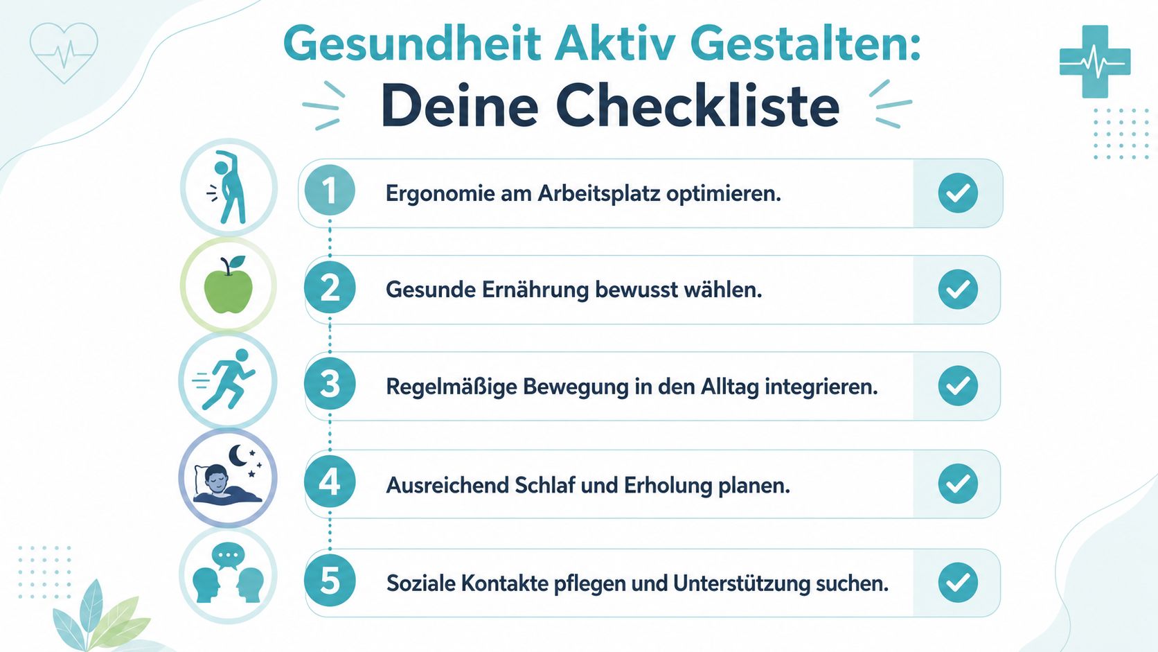 Eine Checkliste zur aktiven Gesundheitsförderung mit fünf Schritten für einen gesunden Lebensstil im Alltag und Beruf.