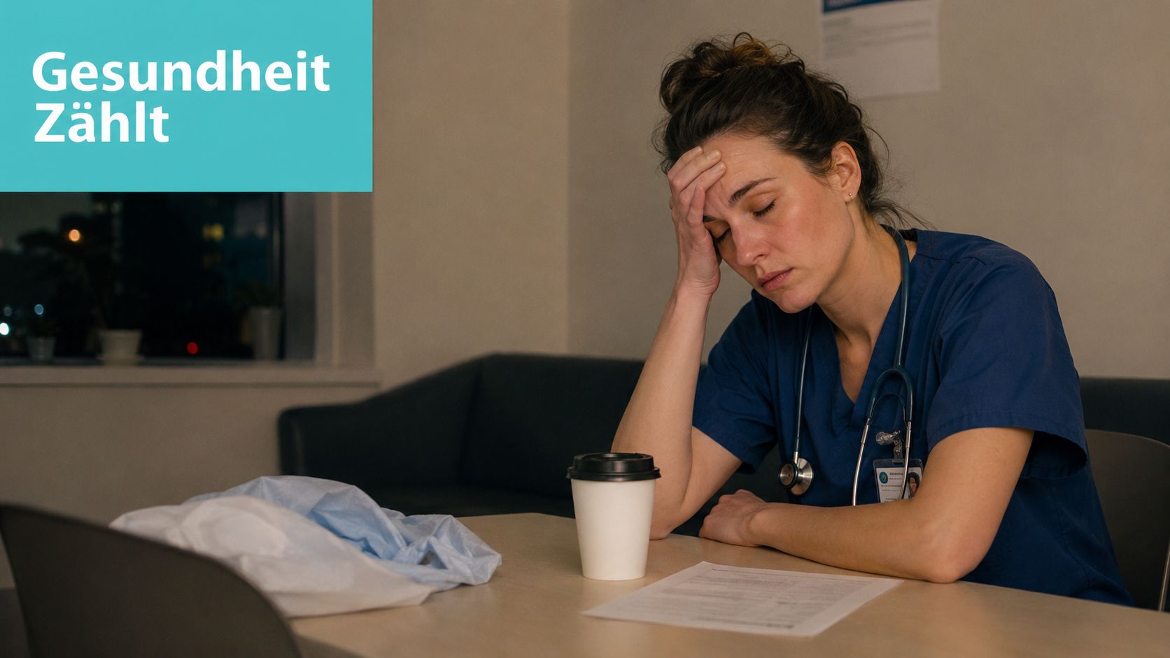 Eine erschöpfte Ärztin sitzt am Tisch in einem Pausenraum und ruht sich von ihrer anstrengenden Arbeit aus.