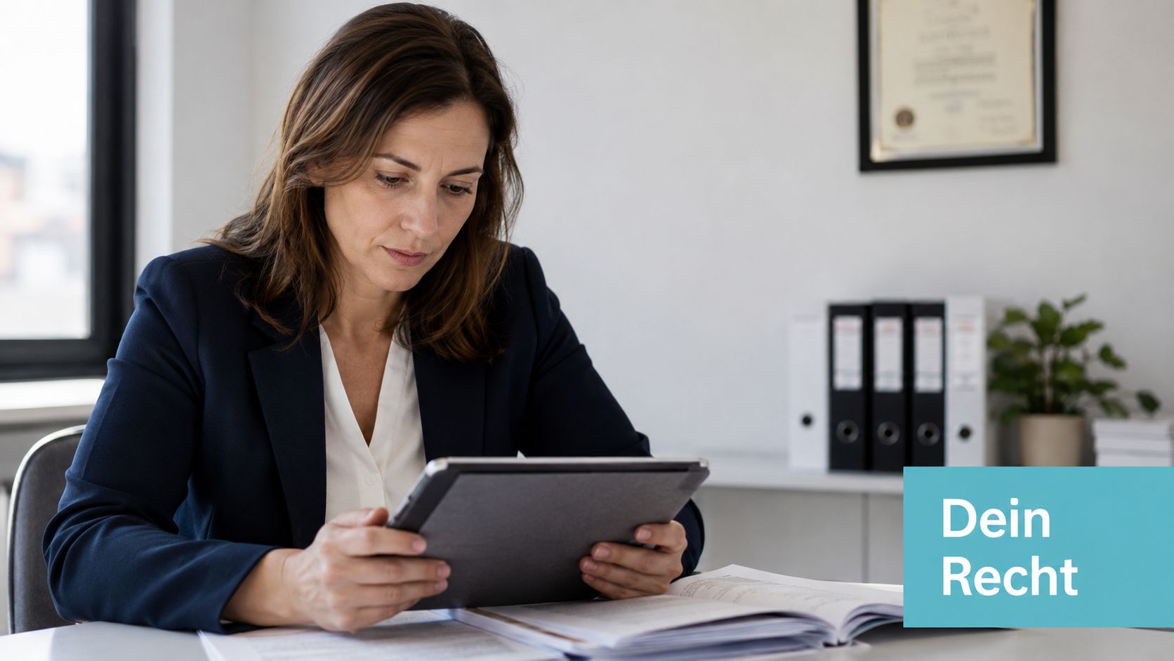 Eine professionelle Anwältin oder Beraterin arbeitet konzentriert mit einem Tablet an ihrem Schreibtisch in einem Büro.