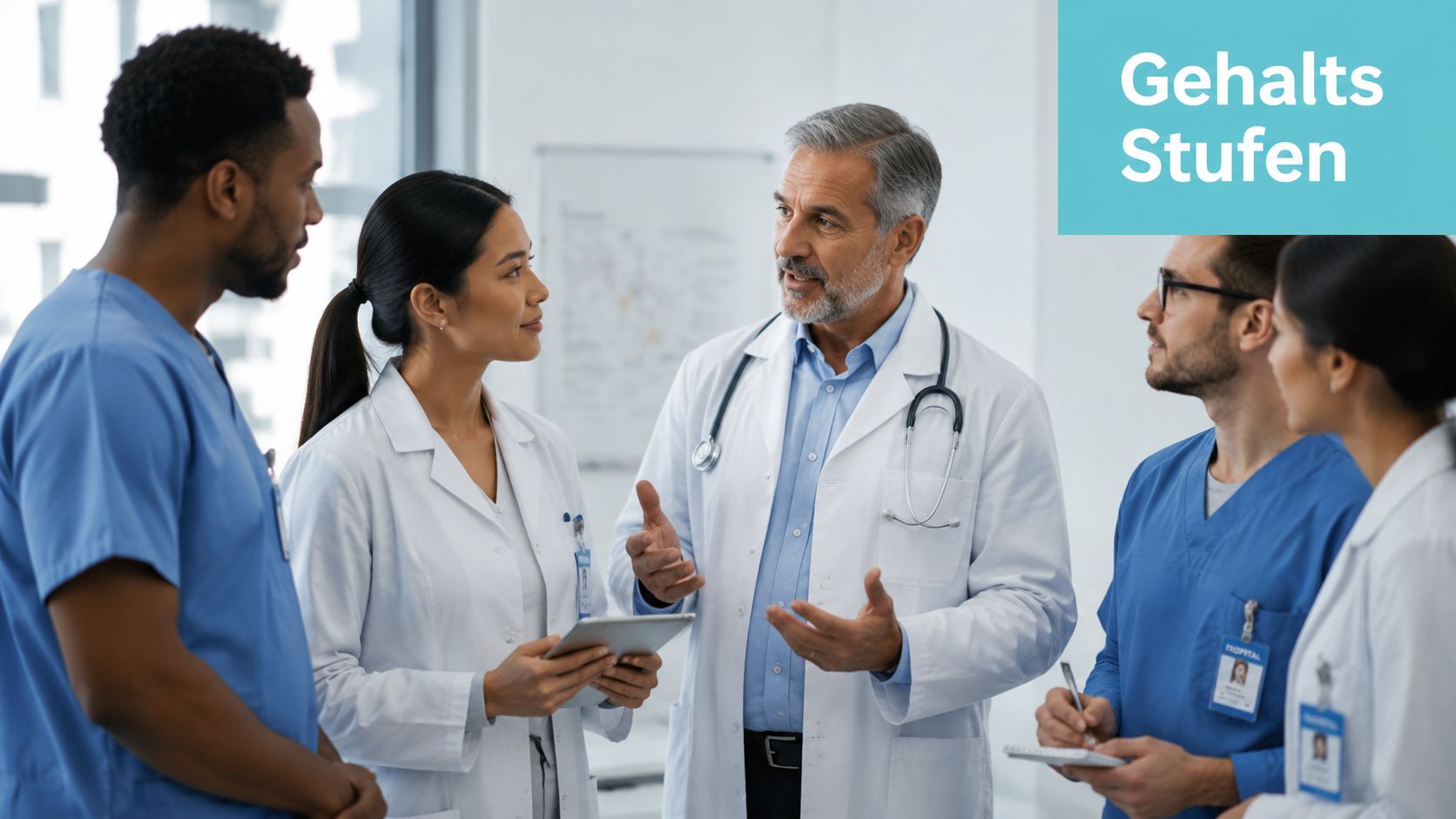 Ein erfahrenes Ärzteteam diskutiert gemeinsam in einem Krankenhausflur über medizinische Themen und berufliche Perspektiven.