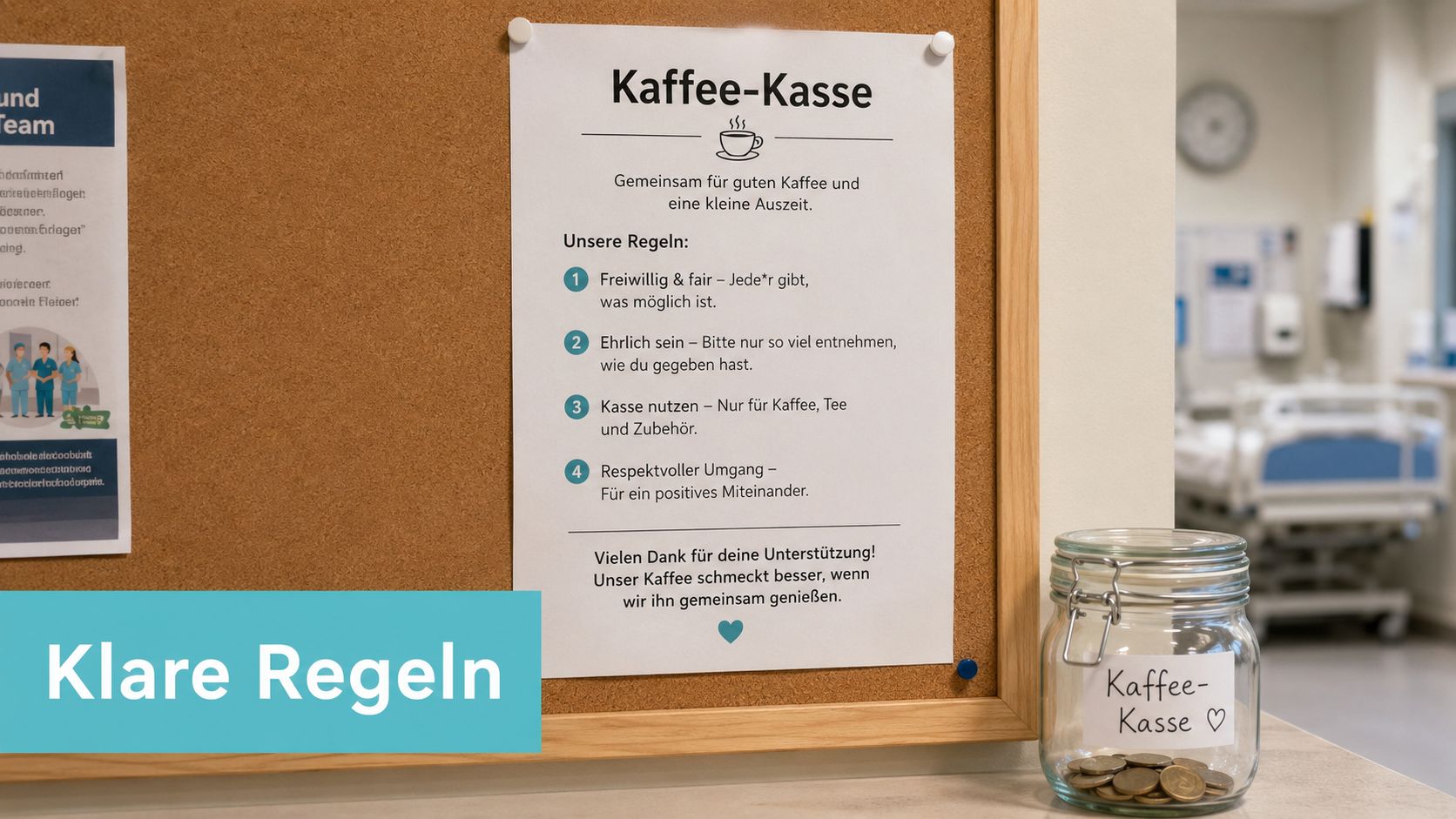 Ein Aushang an einer Pinnwand im Krankenhaus mit Regeln für eine Kaffeekasse neben einem gläsernen Spendenbehälter.