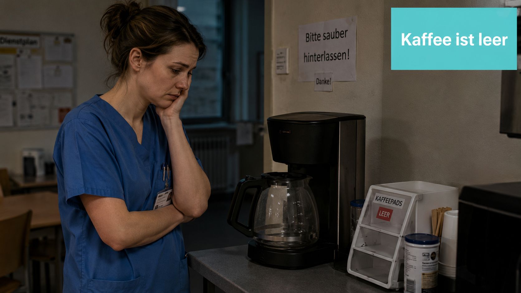 Eine erschöpfte Krankenschwester blickt traurig auf eine leere Kaffeemaschine in der Gemeinschaftsküche des Krankenhauses.
