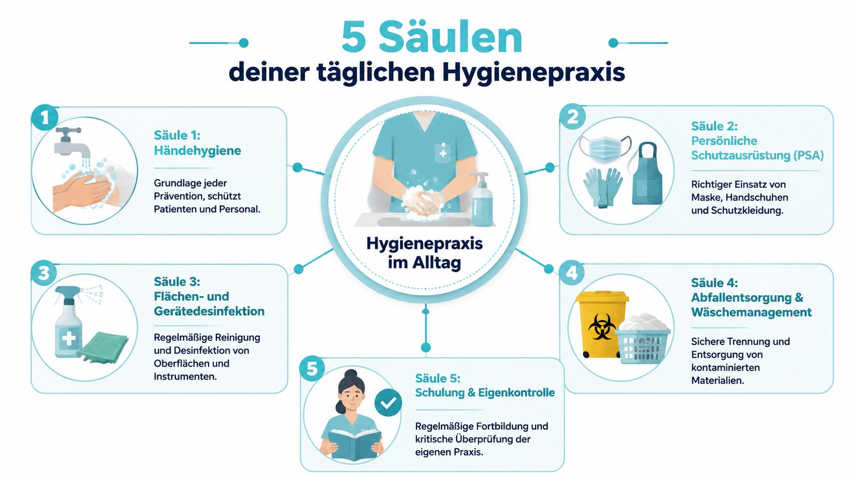 Infografik über die fünf wichtigsten Säulen der täglichen Hygienepraxis im medizinischen und pflegerischen Arbeitsalltag.