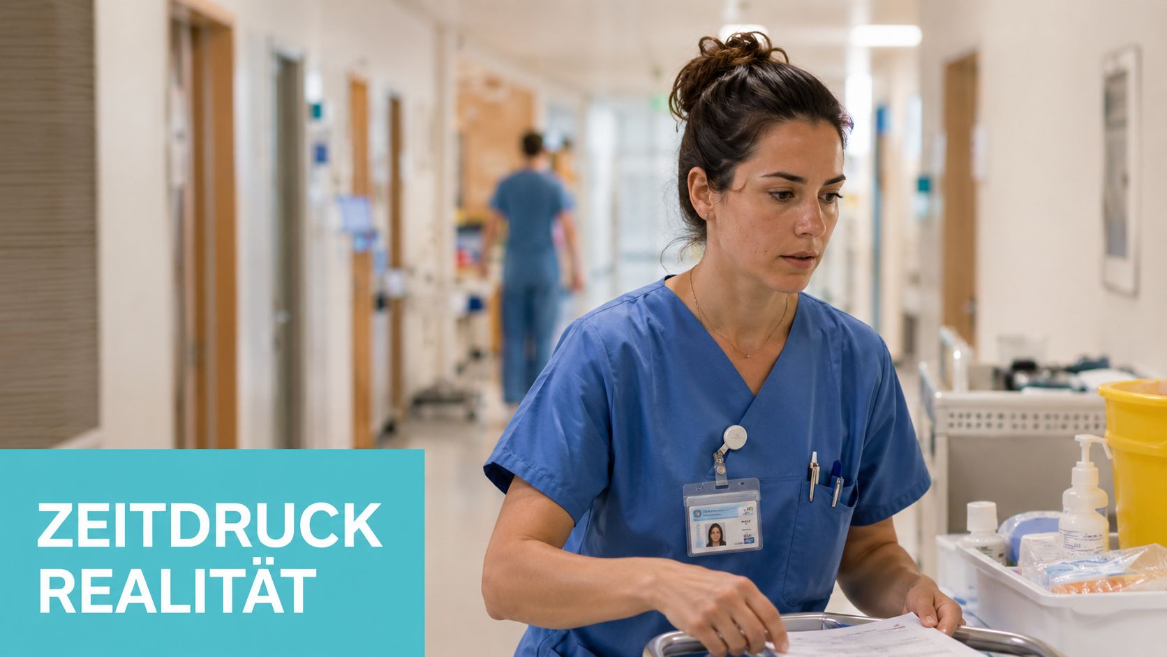 Eine Krankenschwester arbeitet konzentriert unter Zeitdruck in einem Krankenhausflur, während sie medizinische Unterlagen auf einem Wagen sortiert.