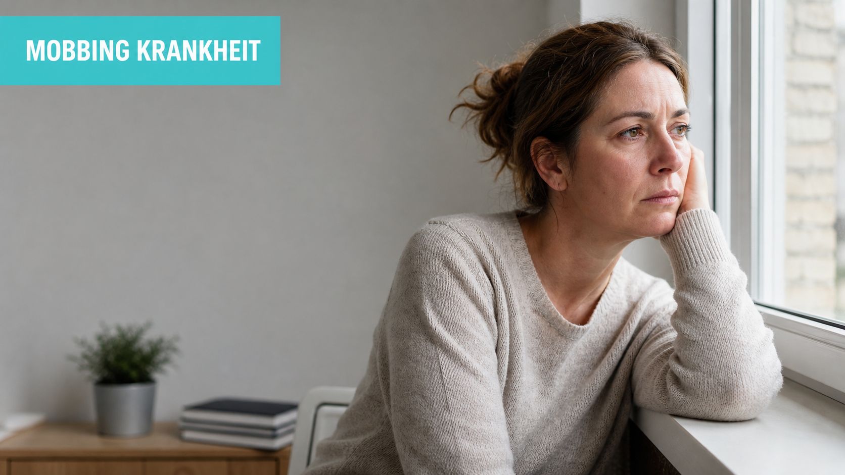 Eine nachdenkliche Frau schaut traurig aus dem Fenster und reflektiert über die Auswirkungen von Mobbing am Arbeitsplatz.