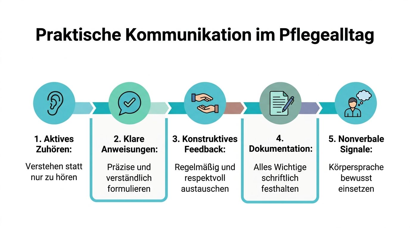 Grafik zur praktischen Kommunikation im Pflegealltag mit fünf Schritten von aktivem Zuhören bis hin zu nonverbalen Signalen.