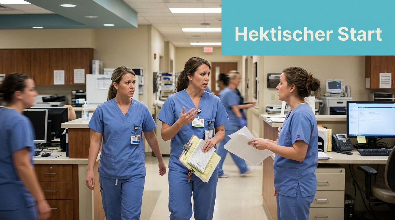 Drei Krankenschwestern in blauer Arbeitskleidung diskutieren in einem geschäftigen Krankenhausflur über Patientenunterlagen und die Arbeitsorganisation.