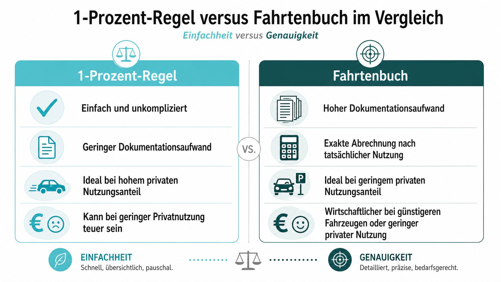 Ein Vergleichsgrafik zwischen der 1-Prozent-Regel und dem Fahrtenbuch zur Berechnung des geldwerten Vorteils bei Dienstwagen.