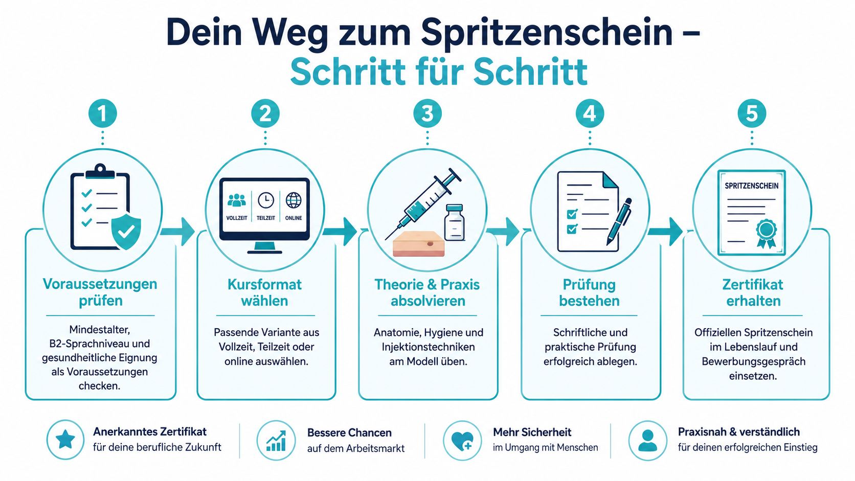 Eine Infografik mit fünf Schritten, die den Weg zum Erwerb des Spritzenscheins für medizinisches Personal übersichtlich erklärt.