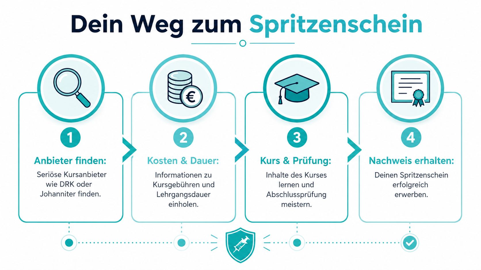 Eine Infografik, die die vier Schritte zum Erwerb eines Spritzenscheins für Interessierte anschaulich darstellt.