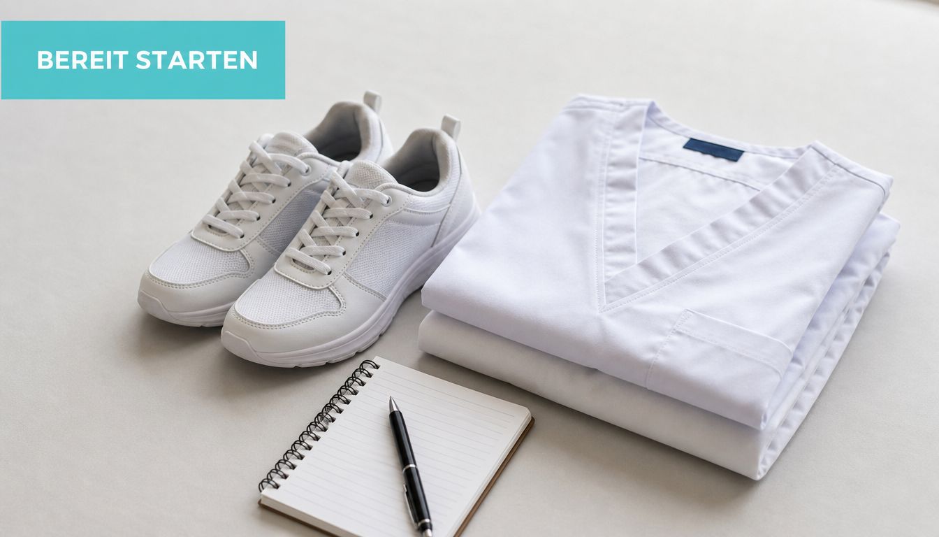 Ein Paar weiße Turnschuhe, ein Notizbuch mit Stift und gefaltete Arbeitskleidung liegen bereit für ein Pflegepraktikum.