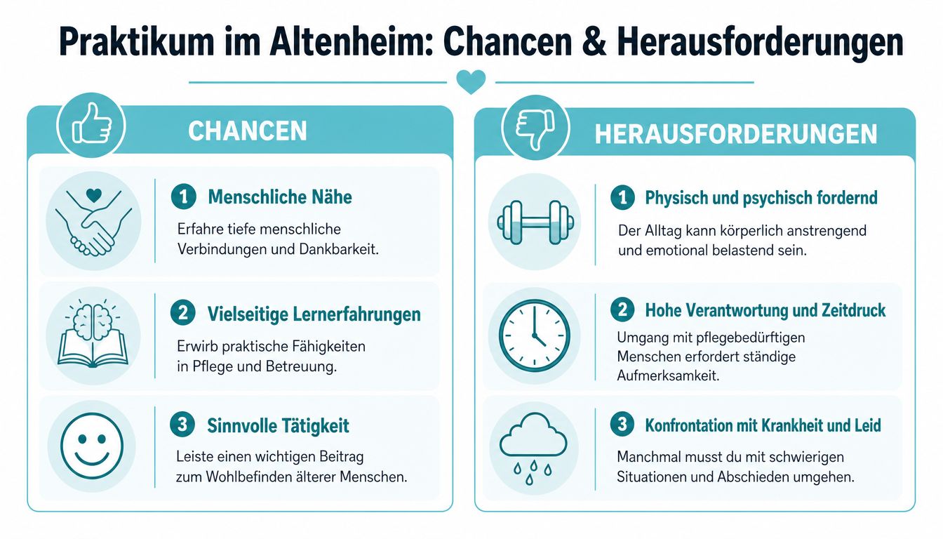 Infografik zeigt die Chancen und Herausforderungen bei einem Praktikum im Altenheim, unterteilt in zwei Kategorien.