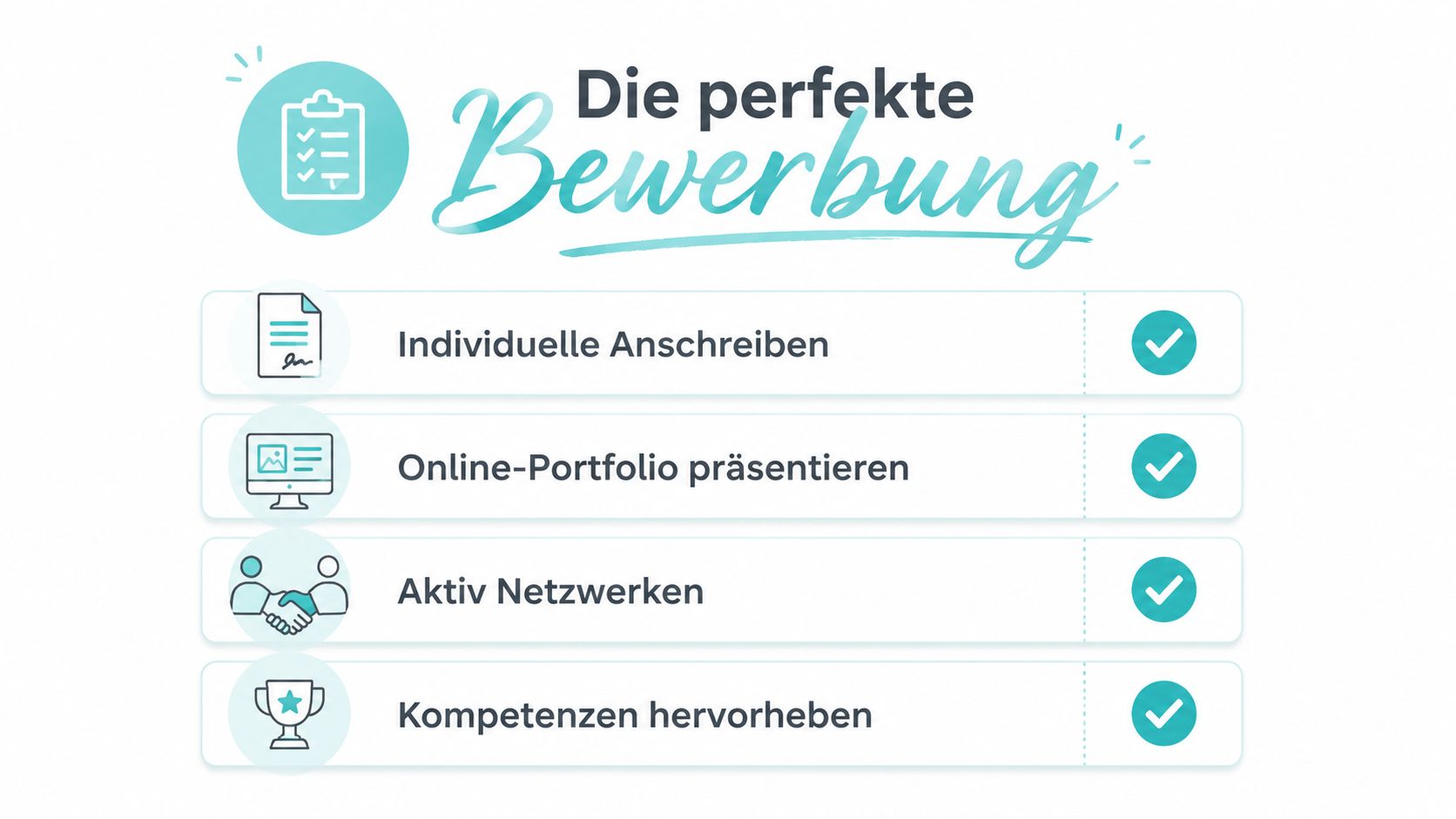 Eine Infografik mit vier Tipps für die perfekte Bewerbung, inklusive individueller Anschreiben und Kompetenzdarstellung.