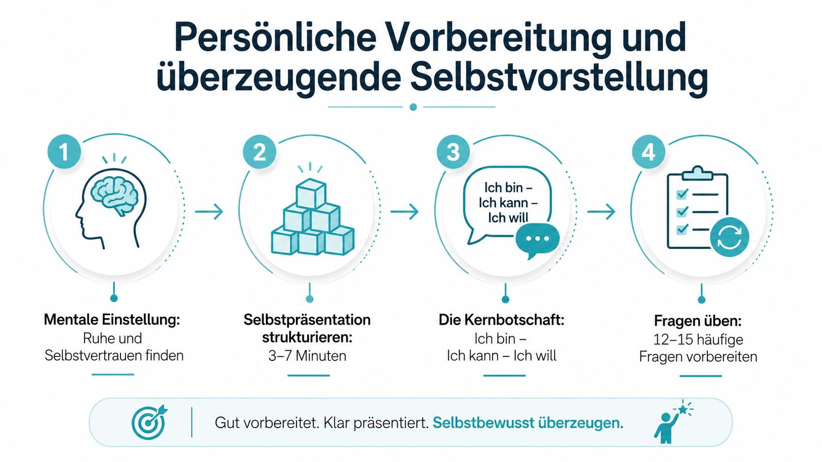 Eine Infografik mit vier Schritten zur persönlichen Vorbereitung und für eine überzeugende Selbstvorstellung im Vorstellungsgespräch.