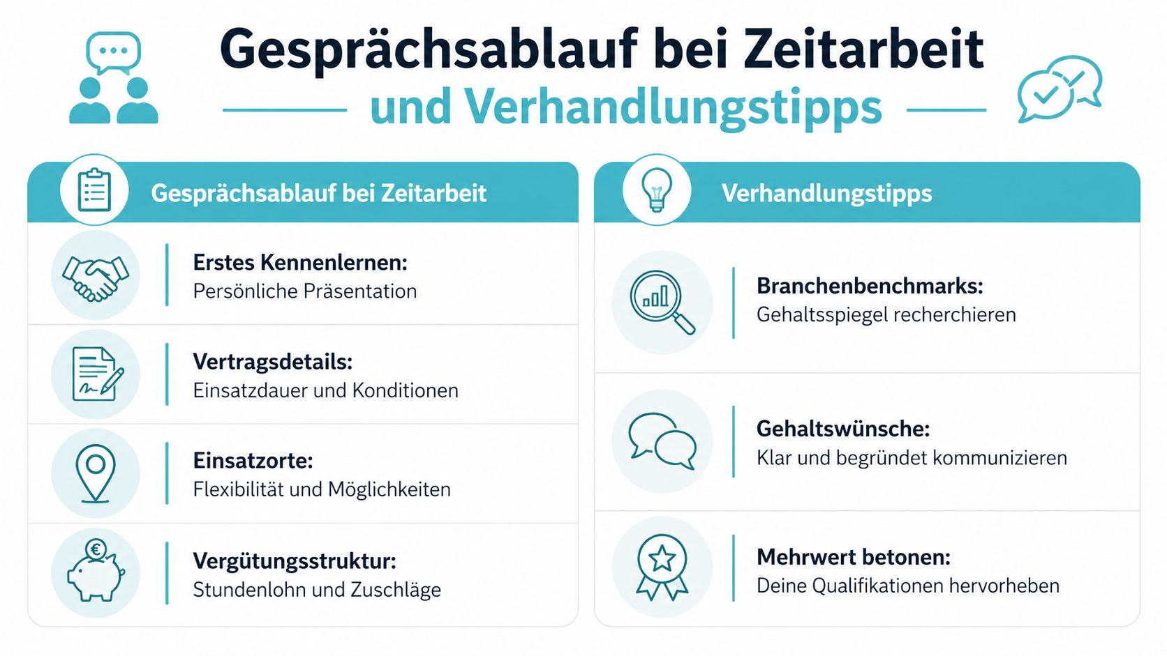 Eine Infografik mit Tipps für den Gesprächsablauf und die Gehaltsverhandlung bei einer Zeitarbeitsfirma in Deutschland.