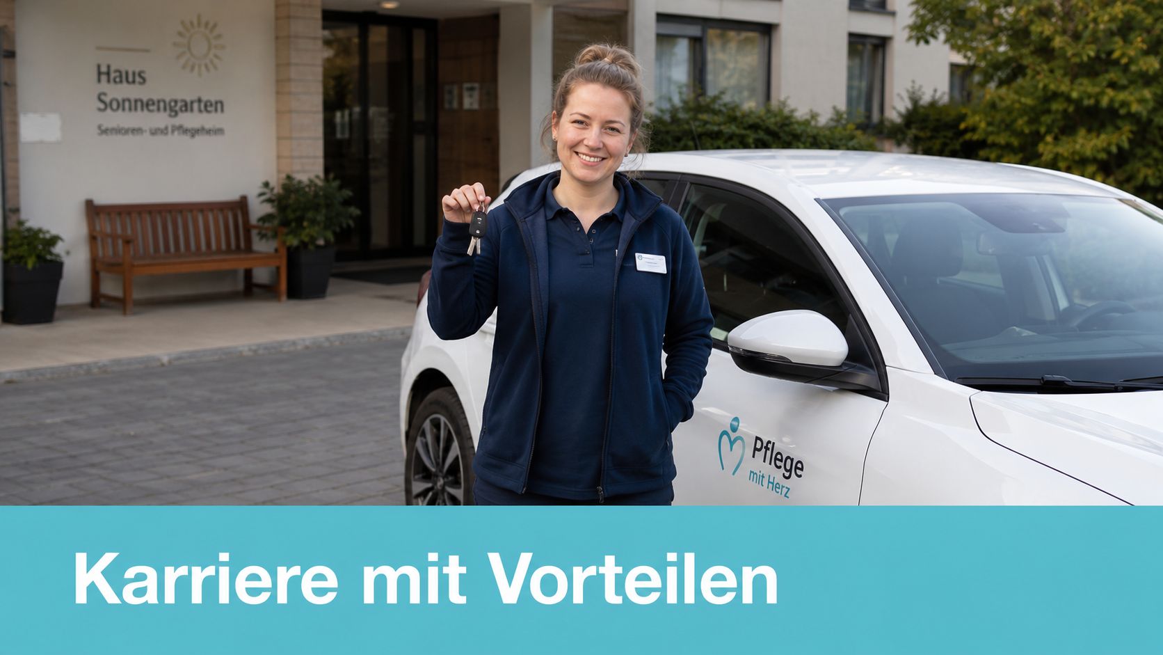 Eine lächelnde Pflegekraft steht vor dem Haus Sonnengarten und hält die Autoschlüssel für den Pflegedienst in der Hand.