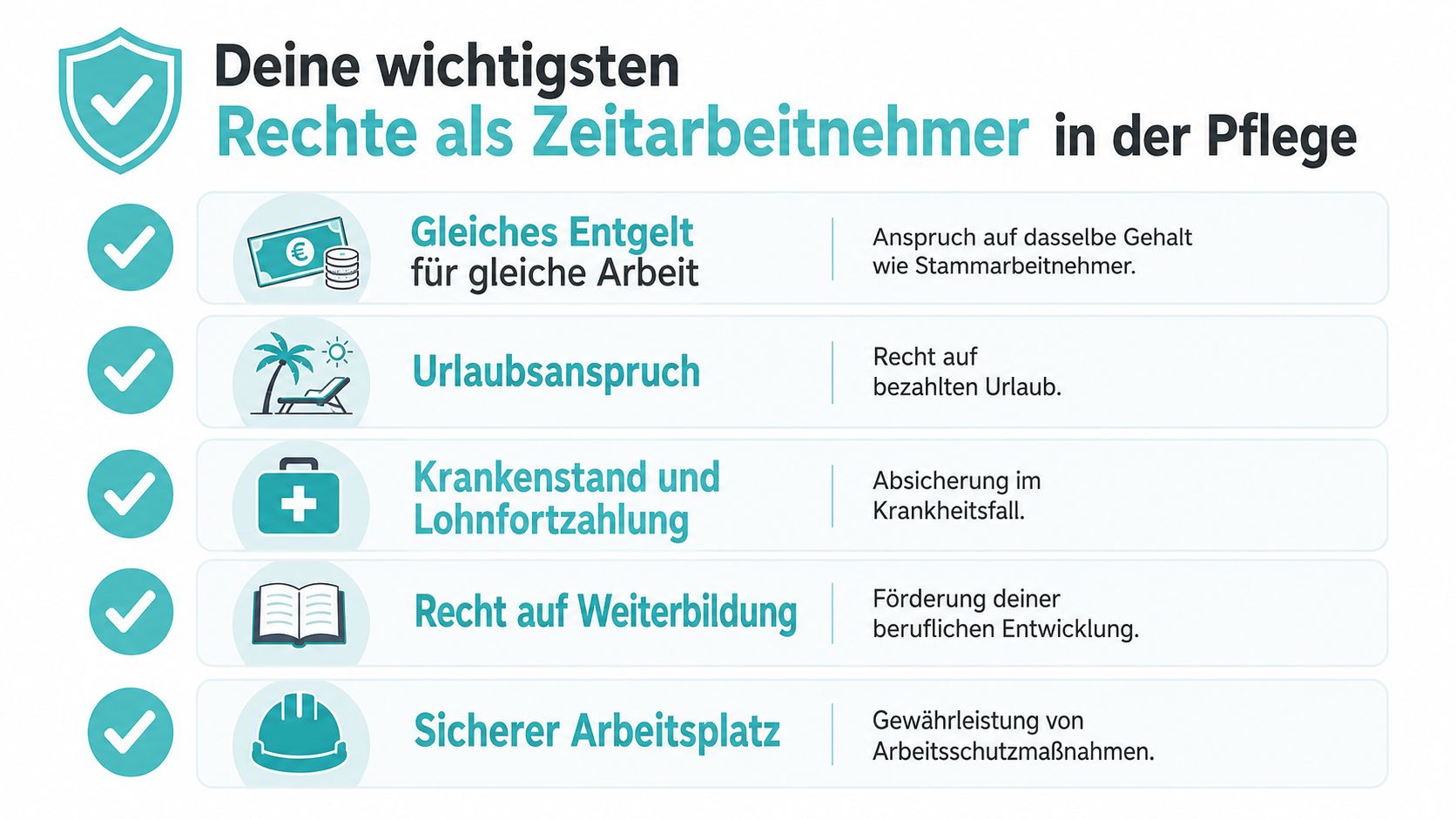 Eine Infografik über die wichtigsten Rechte für Zeitarbeitnehmer in der Pflege in Deutschland.