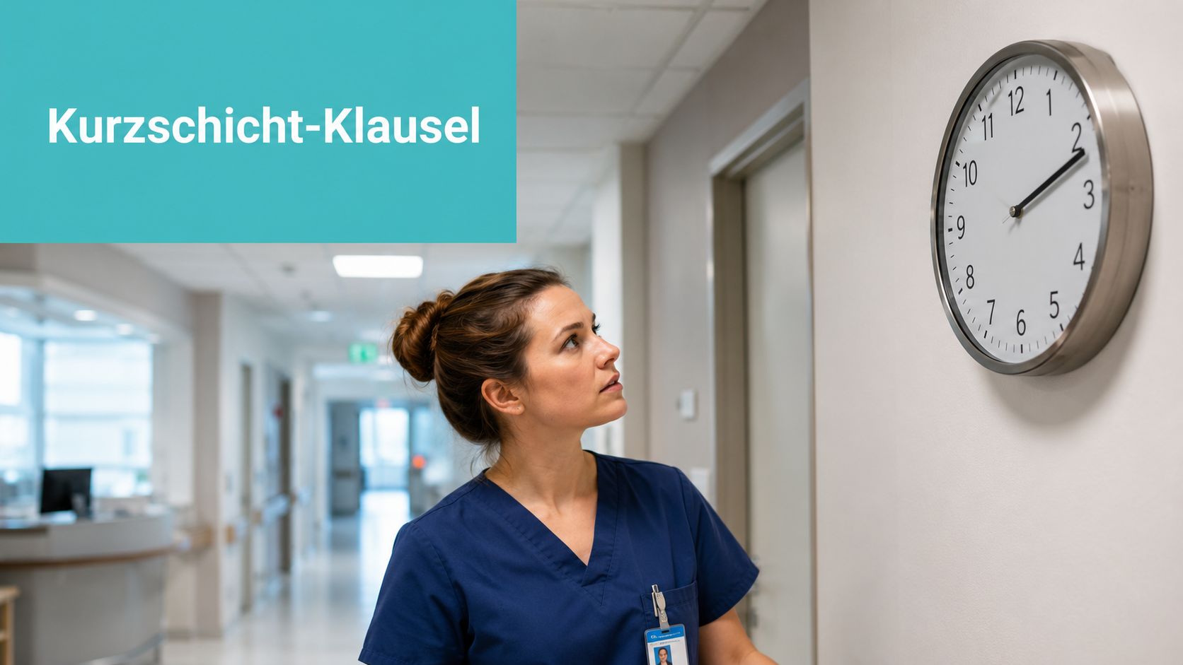 Eine Krankenschwester schaut in einem Krankenhausflur besorgt auf eine Uhr an der Wand.
