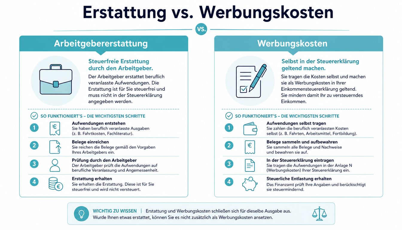 Vergleichsgrafik zwischen Arbeitgebererstattung und Werbungskosten bei beruflich veranlassten Ausgaben für die Steuererklärung.
