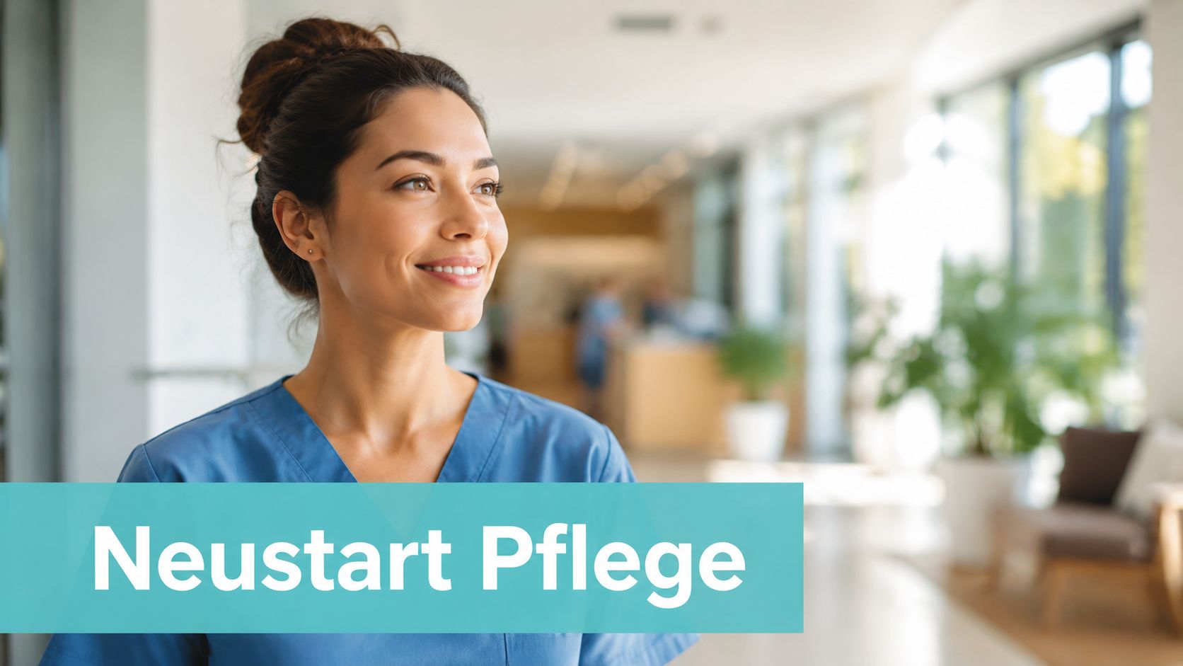 Eine lächelnde Pflegekraft in blauer Arbeitskleidung steht in einer hellen, modernen medizinischen Einrichtung oder Klinik.