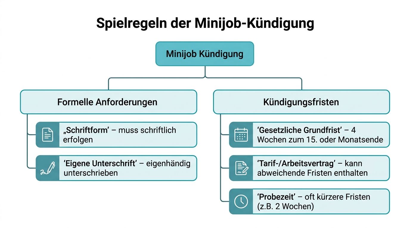 Übersichtsgrafik zu den Spielregeln einer Minijob-Kündigung bezüglich formeller Anforderungen und geltender Kündigungsfristen im Arbeitsverhältnis.