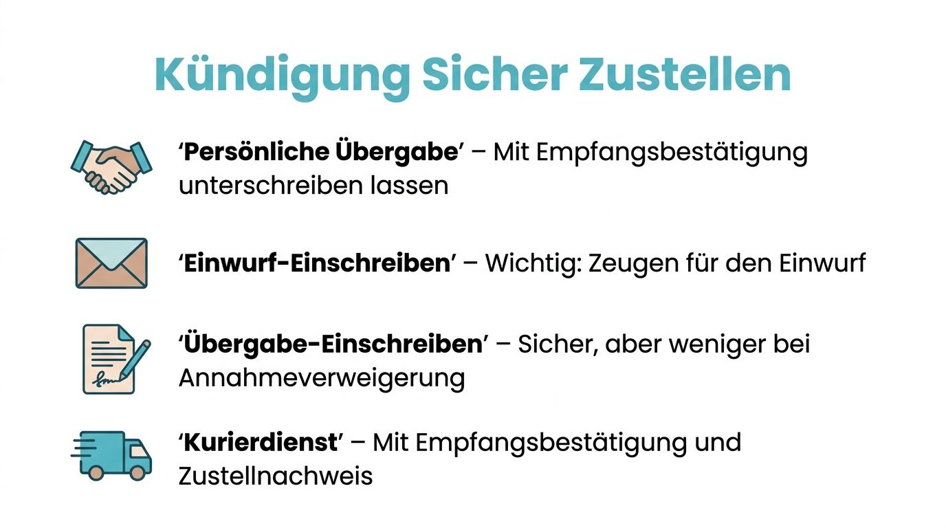 Infografik zur sicheren Zustellung einer Kündigung mit vier verschiedenen Methoden für eine rechtssichere Übermittlung.