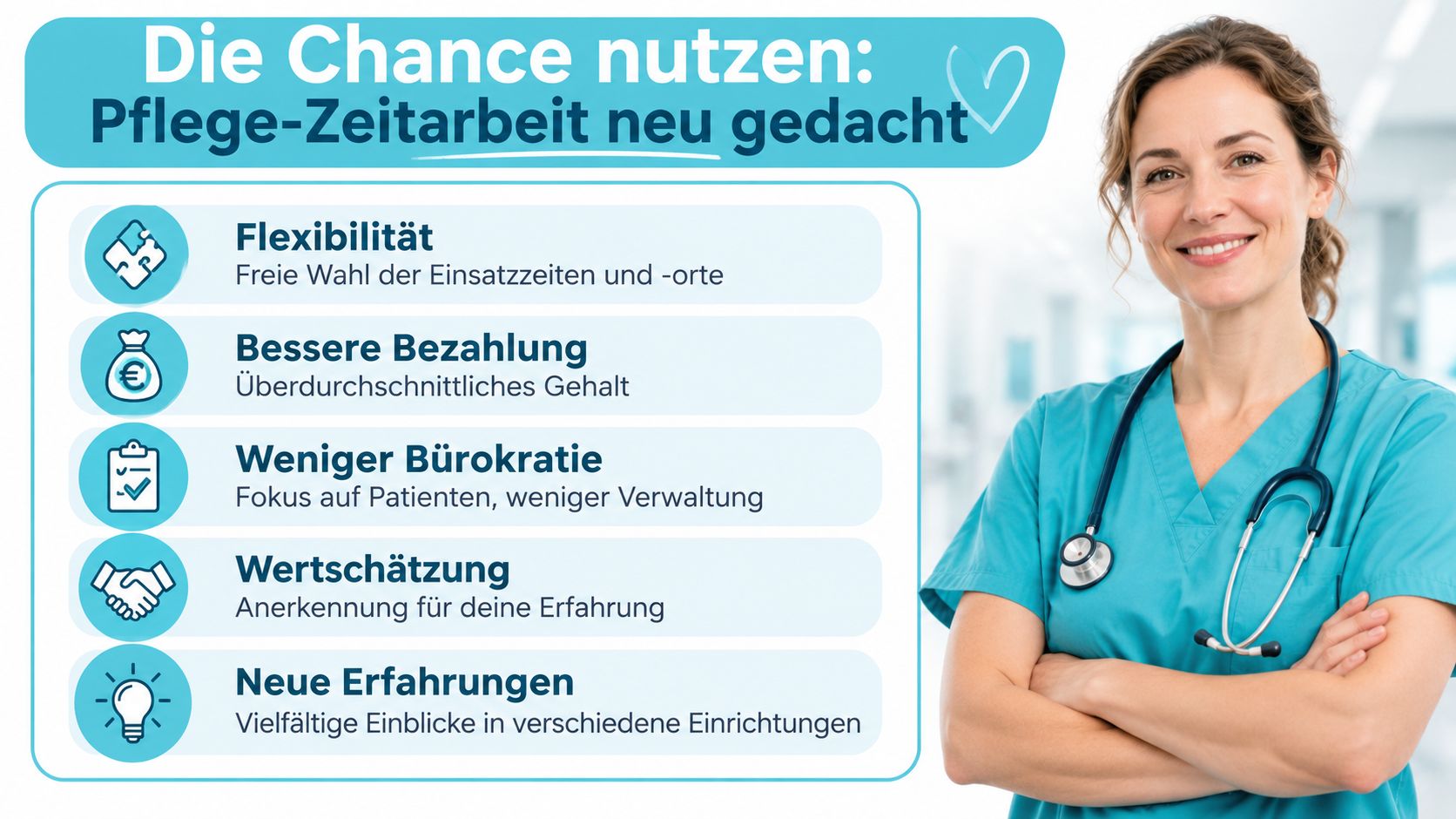 Eine lächelnde Pflegekraft steht vor einer Liste mit Vorteilen von flexibler Zeitarbeit im Gesundheitswesen.