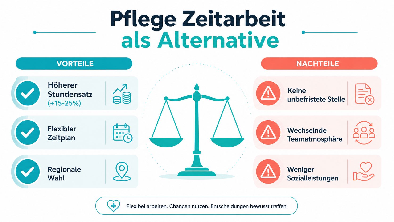 Eine Infografik vergleicht Vor- und Nachteile von Zeitarbeit in der Pflege durch eine Waage dargestellt.