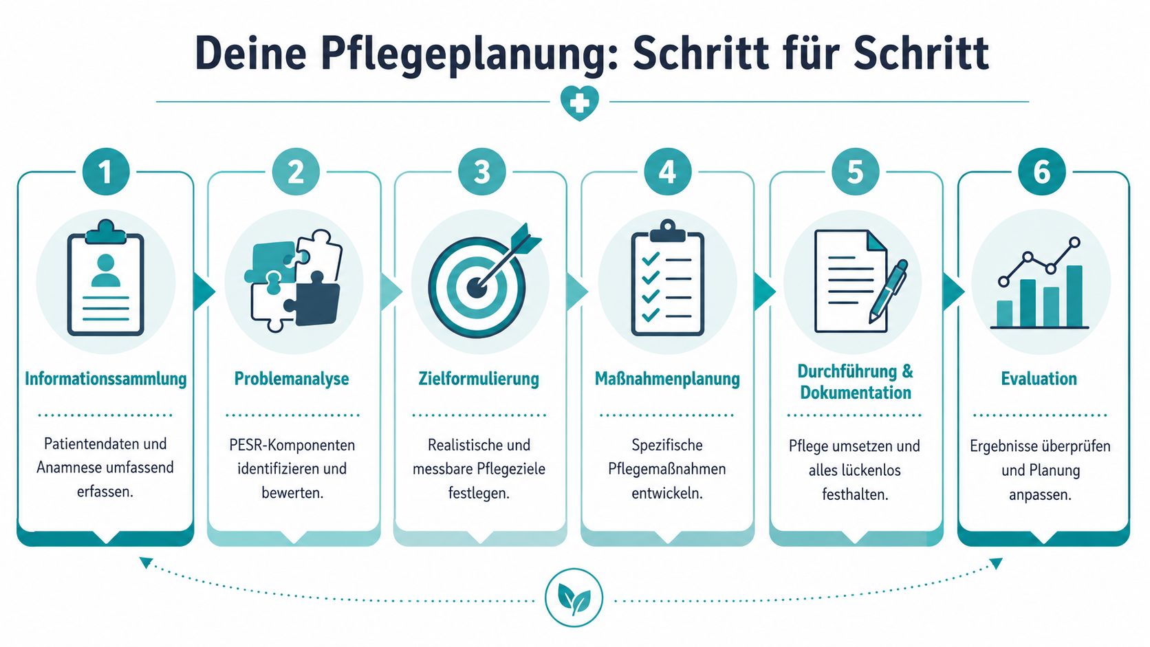 Eine Infografik mit dem Titel Deine Pflegeplanung: Schritt für Schritt, die sechs Phasen der professionellen Pflegeplanung visualisiert.