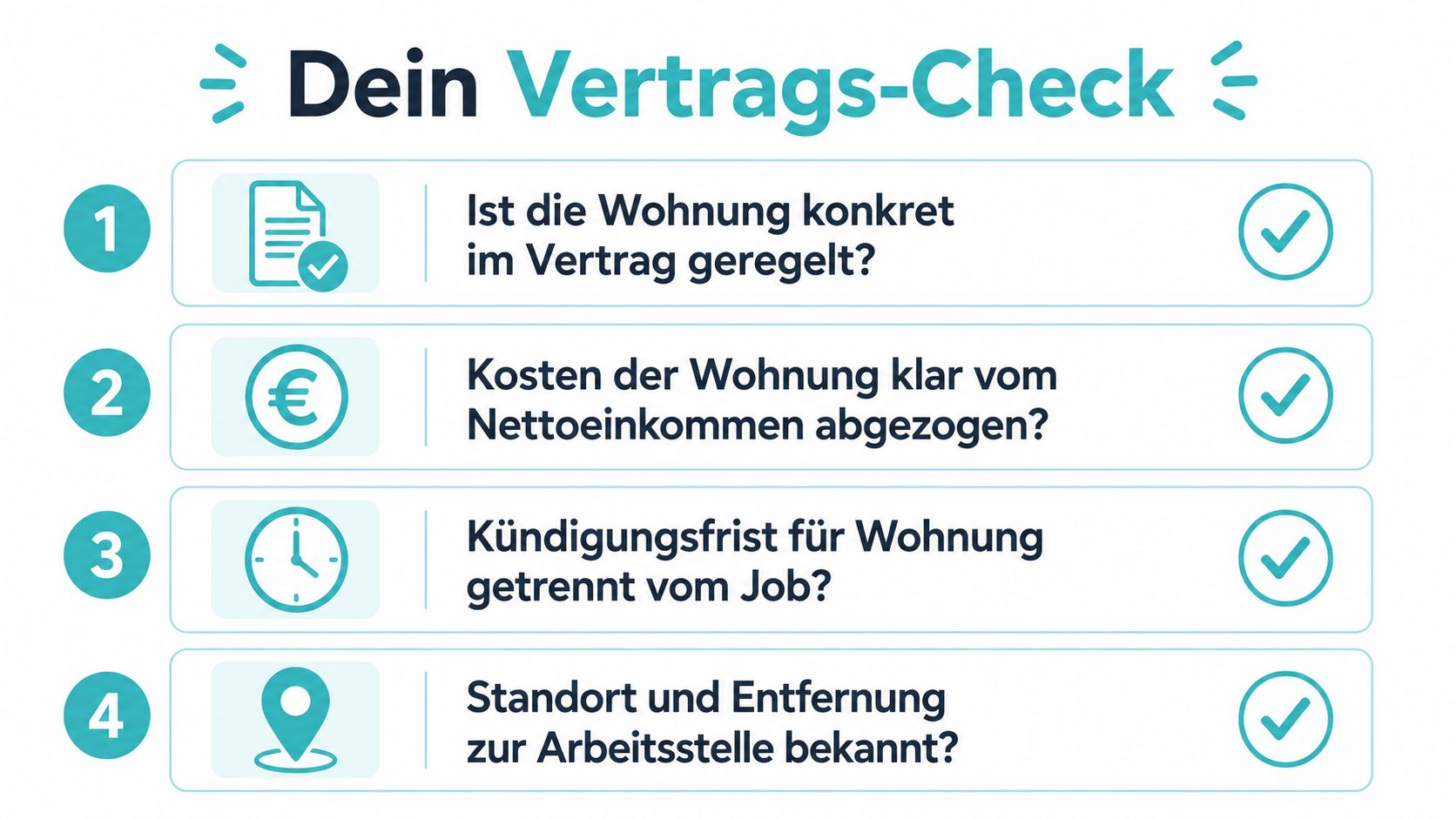 Eine Checkliste für den Vertrag von Altenpflegern, die eine Wohnung durch den Arbeitgeber zur Verfügung gestellt bekommen.