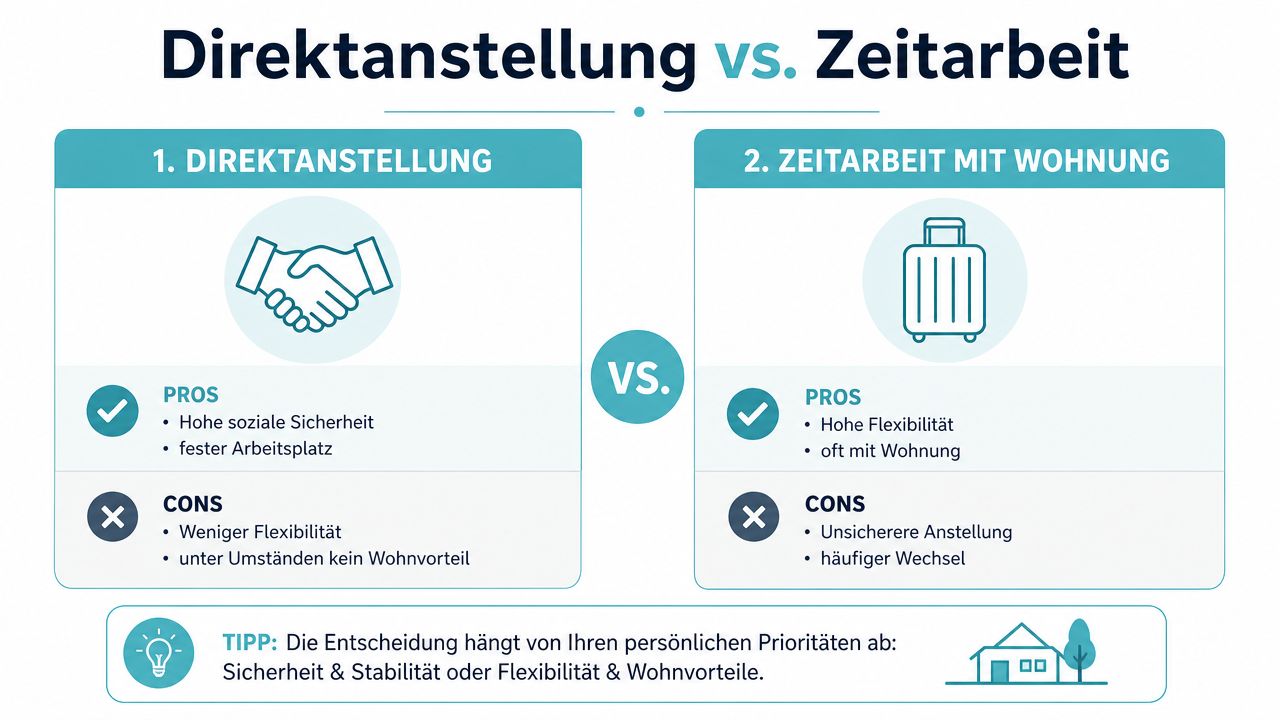 Vergleich zwischen Direktanstellen und Zeitarbeit mit Wohnung, dargestellt mit Vor- und Nachteilen für Arbeitnehmer bei der Jobwahl.