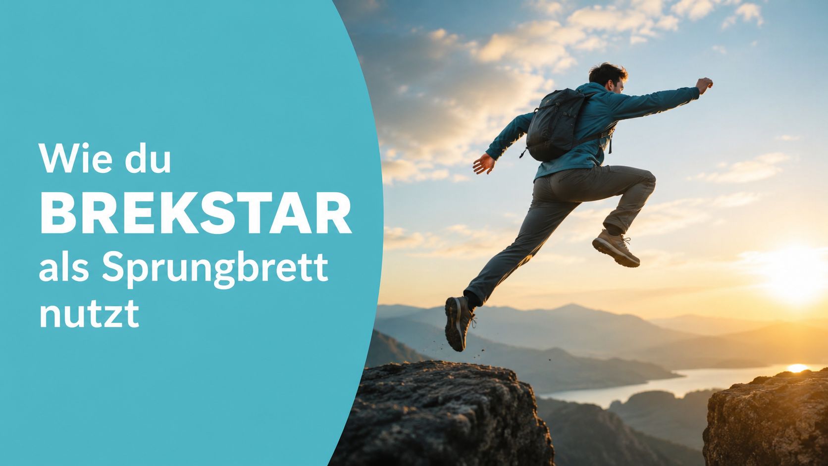Ein Wanderer springt bei Sonnenaufgang über eine Felsspalte, symbolisch für berufliche Möglichkeiten und neuen Erfolg.