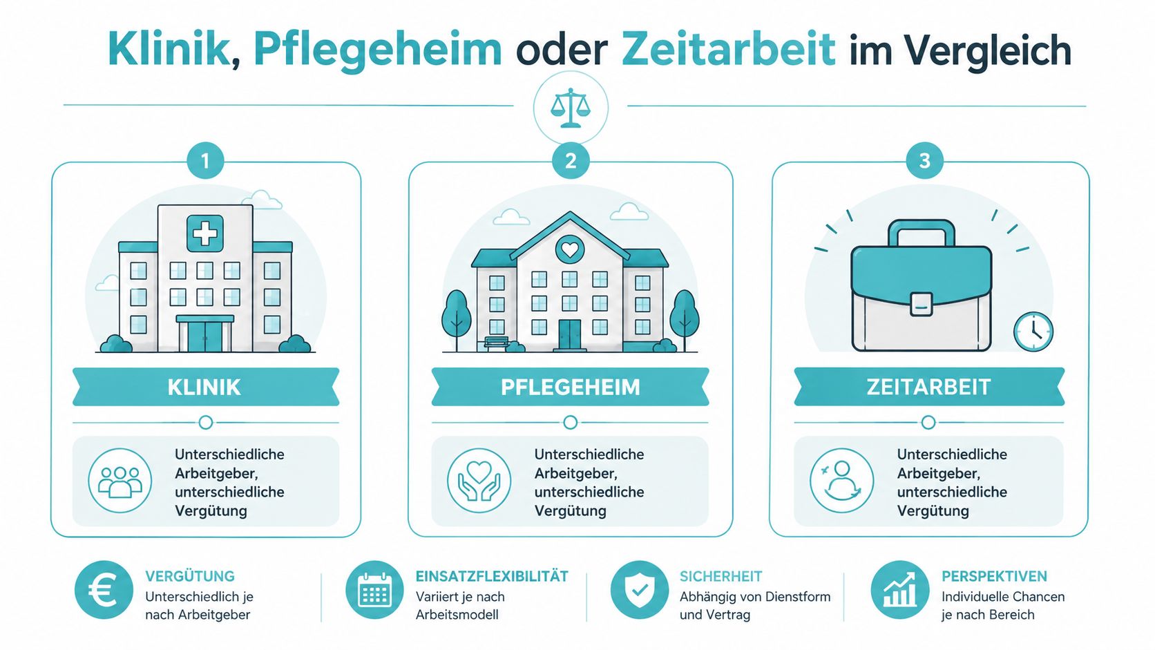 Vergleichsgrafik zwischen Anstellung in Klinik, Pflegeheim oder Zeitarbeit für Pflegeberufe mit verschiedenen Arbeitsmodellen.