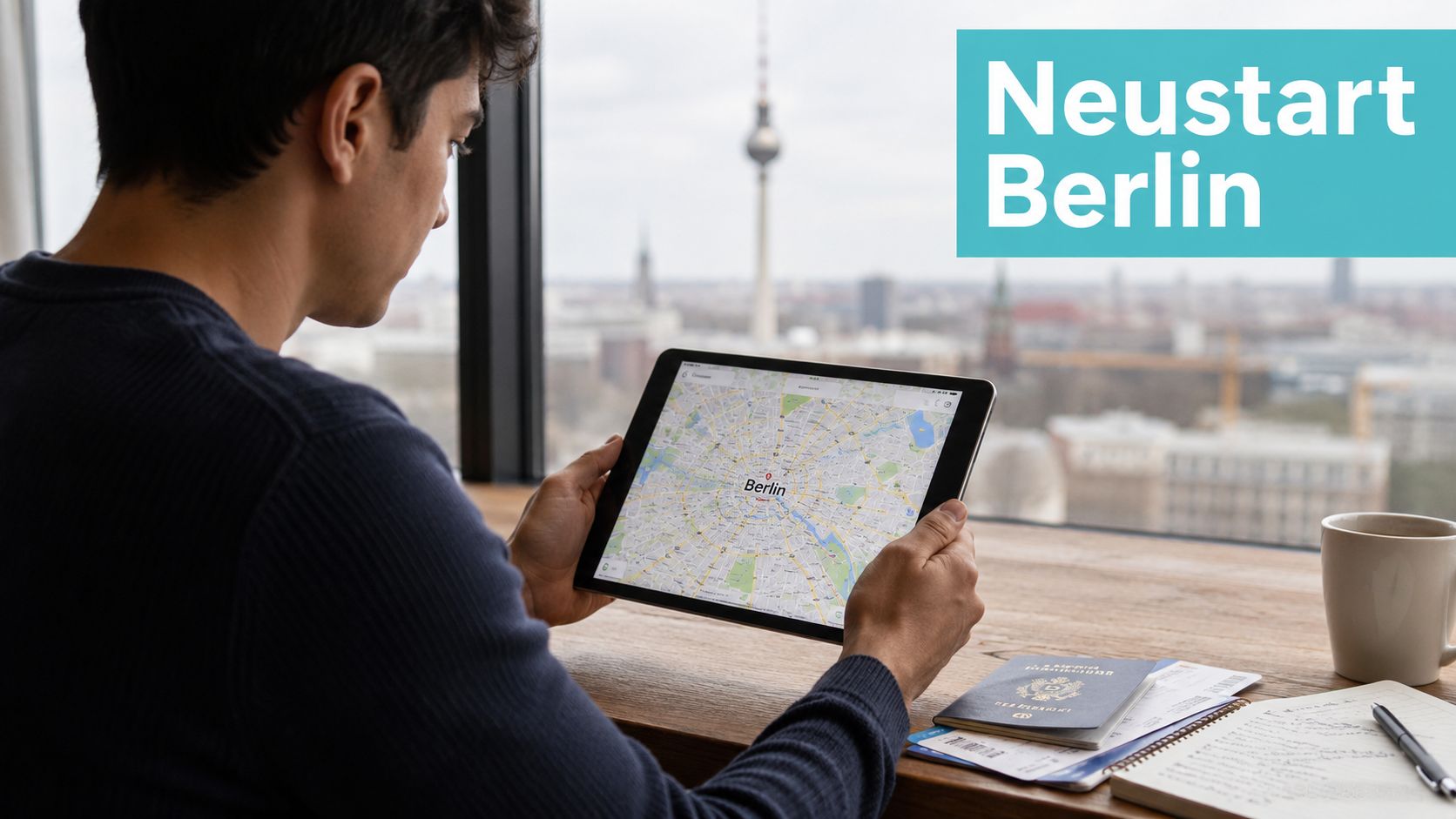 Ein junger Mann schaut in Berlin auf eine digitale Karte auf seinem Tablet mit Blick auf die Stadt.