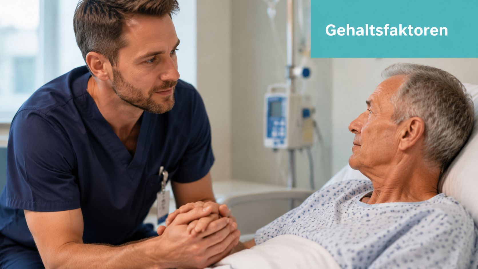 Ein empathischer Krankenpfleger hält tröstend die Hand eines älteren Patienten, der in einem Krankenhausbett liegt.