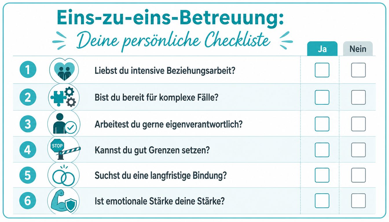 Eine Checkliste für eine Eins-zu-eins-Betreuung mit sechs Fragen zur Selbsteinschätzung der beruflichen Eignung und Kompetenzen.
