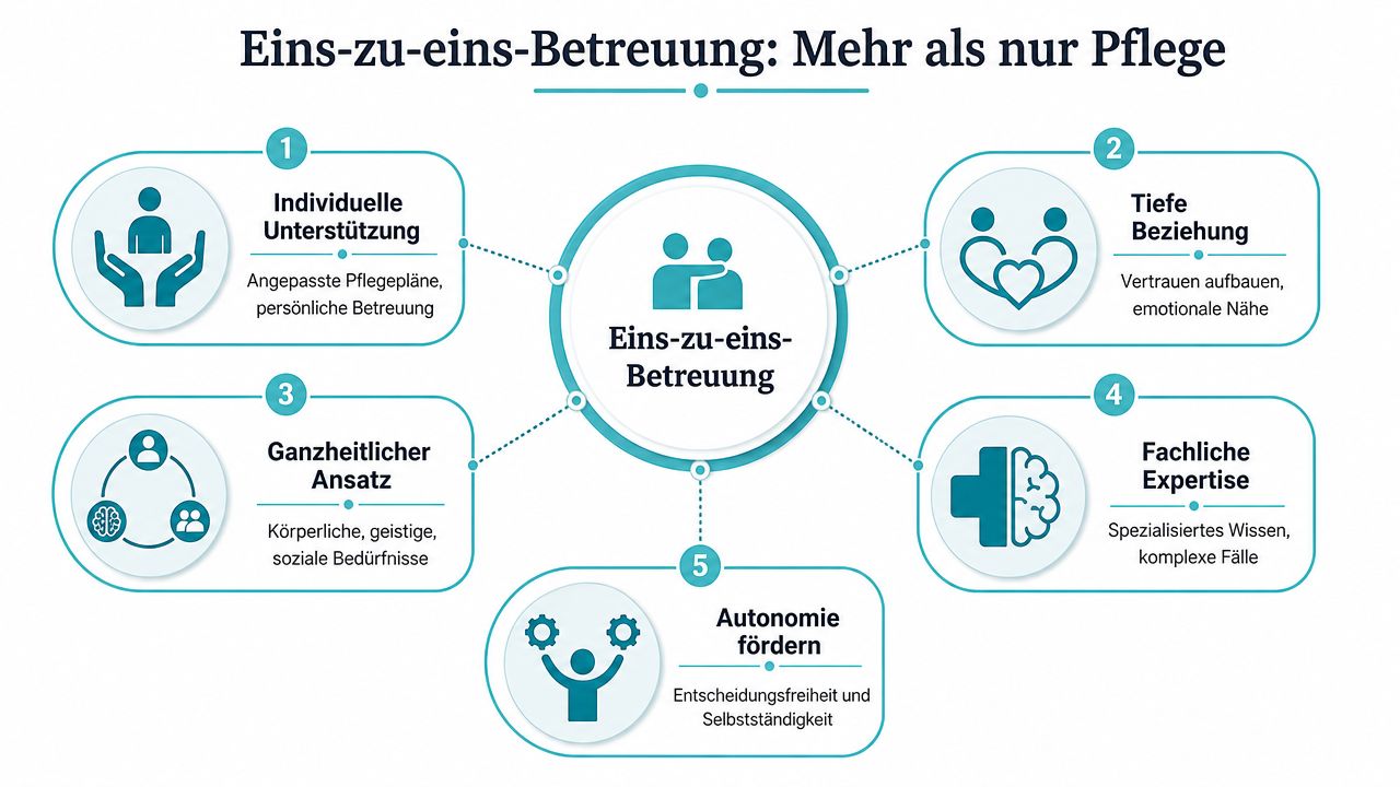 Eine Infografik zur eins zu eins Betreuung mit fünf zentralen Säulen für eine ganzheitliche und individuelle Pflege.