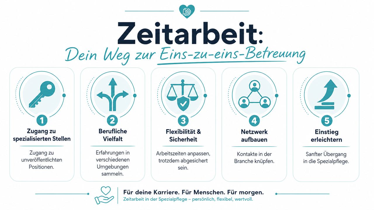 Infografik über die Vorteile der Zeitarbeit in der Eins-zu-Eins-Betreuung mit fünf klaren Schritten für die Karriere.