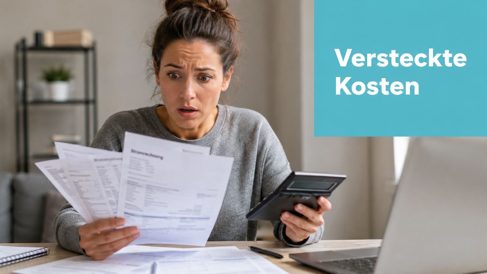 Eine Frau schaut schockiert auf ihre Stromrechnungen und hält einen Taschenrechner in den Händen, während sie arbeitet.