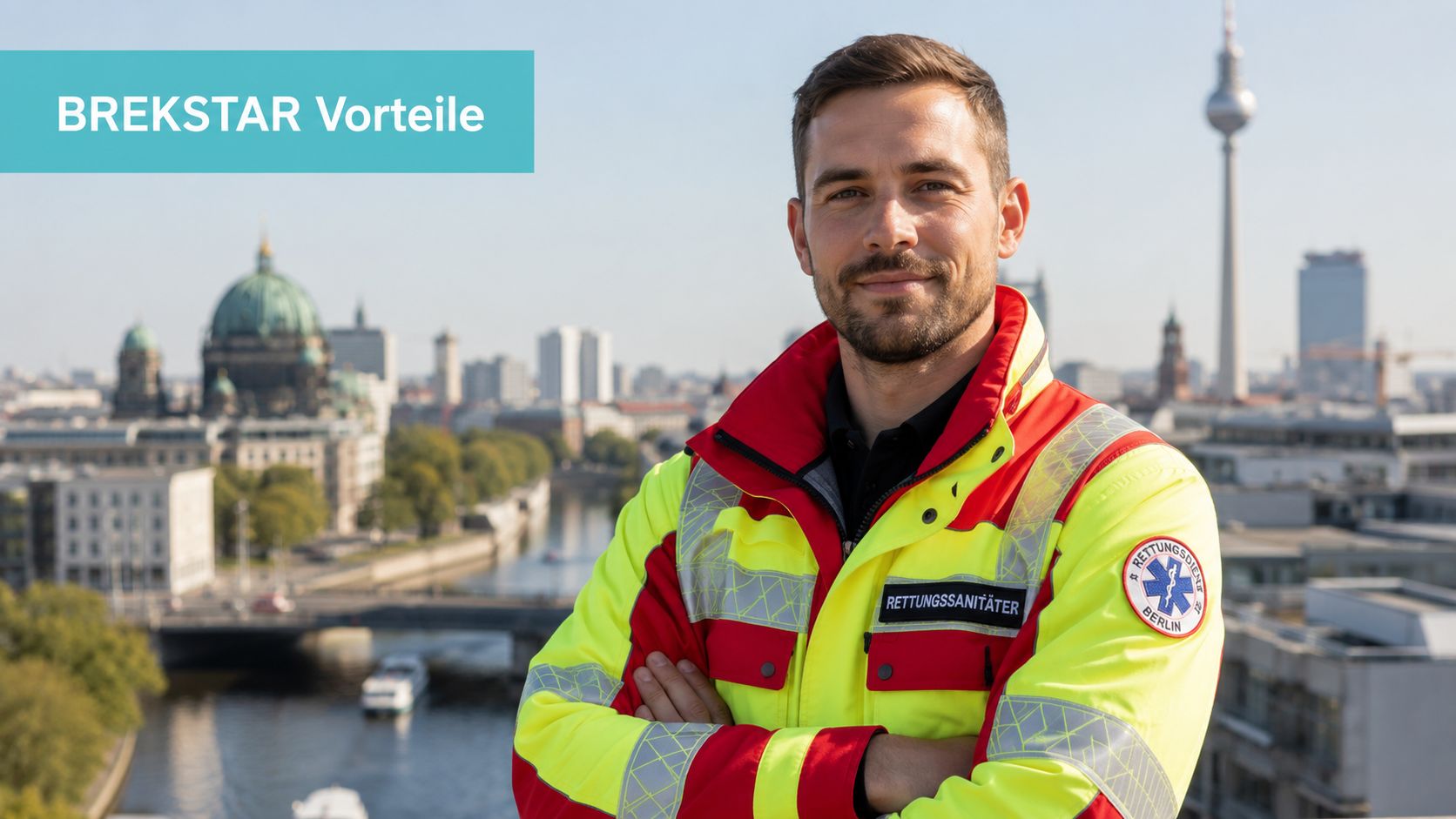 Ein Rettungssanitäter in Uniform steht vor der Berliner Skyline mit dem Fernsehturm und Berliner Dom.