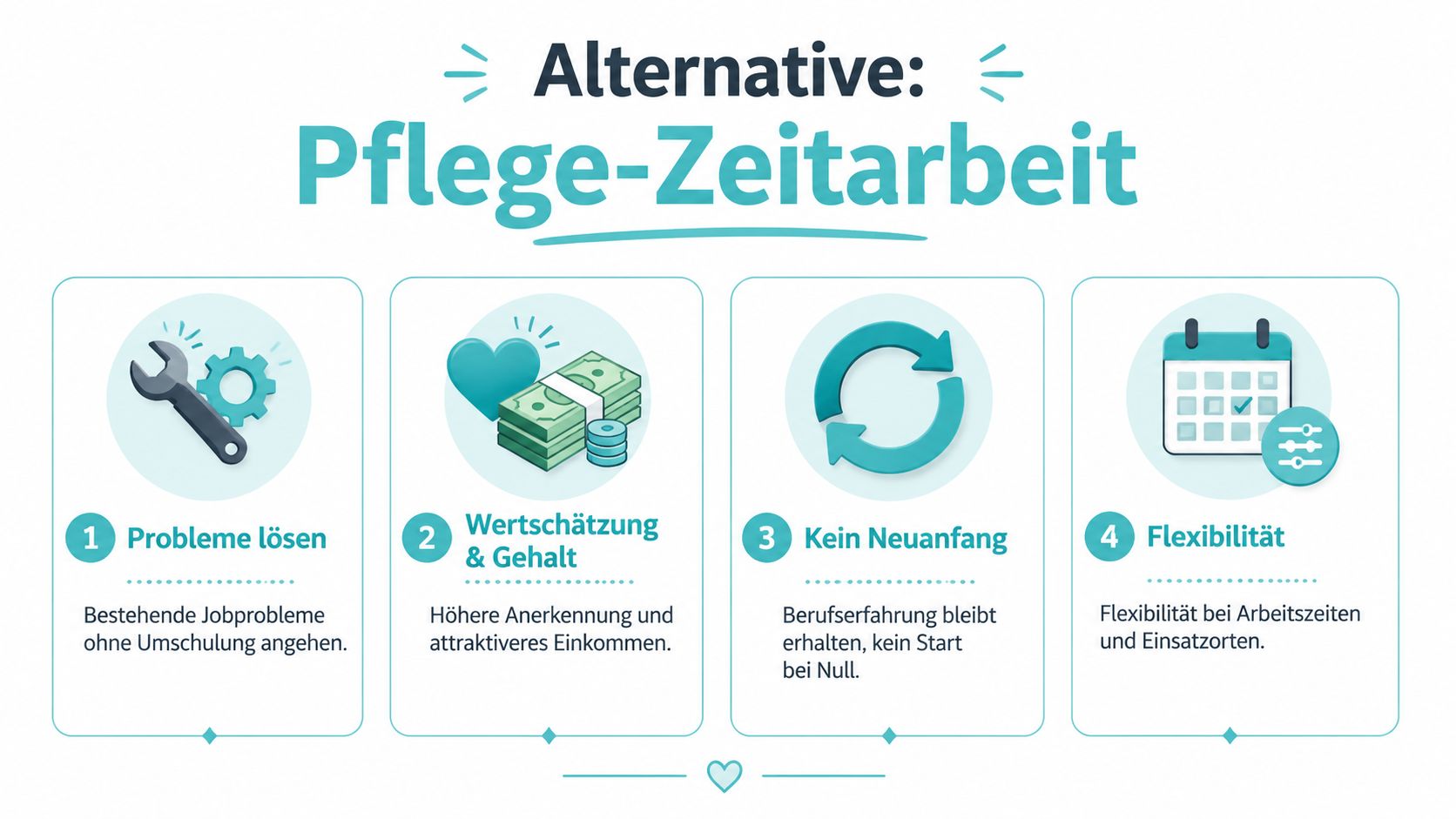 Grafik zur Alternative der Pflege-Zeitarbeit mit vier Vorteilen wie Problemlösung, Gehalt, Berufserfahrung und Flexibilität.
