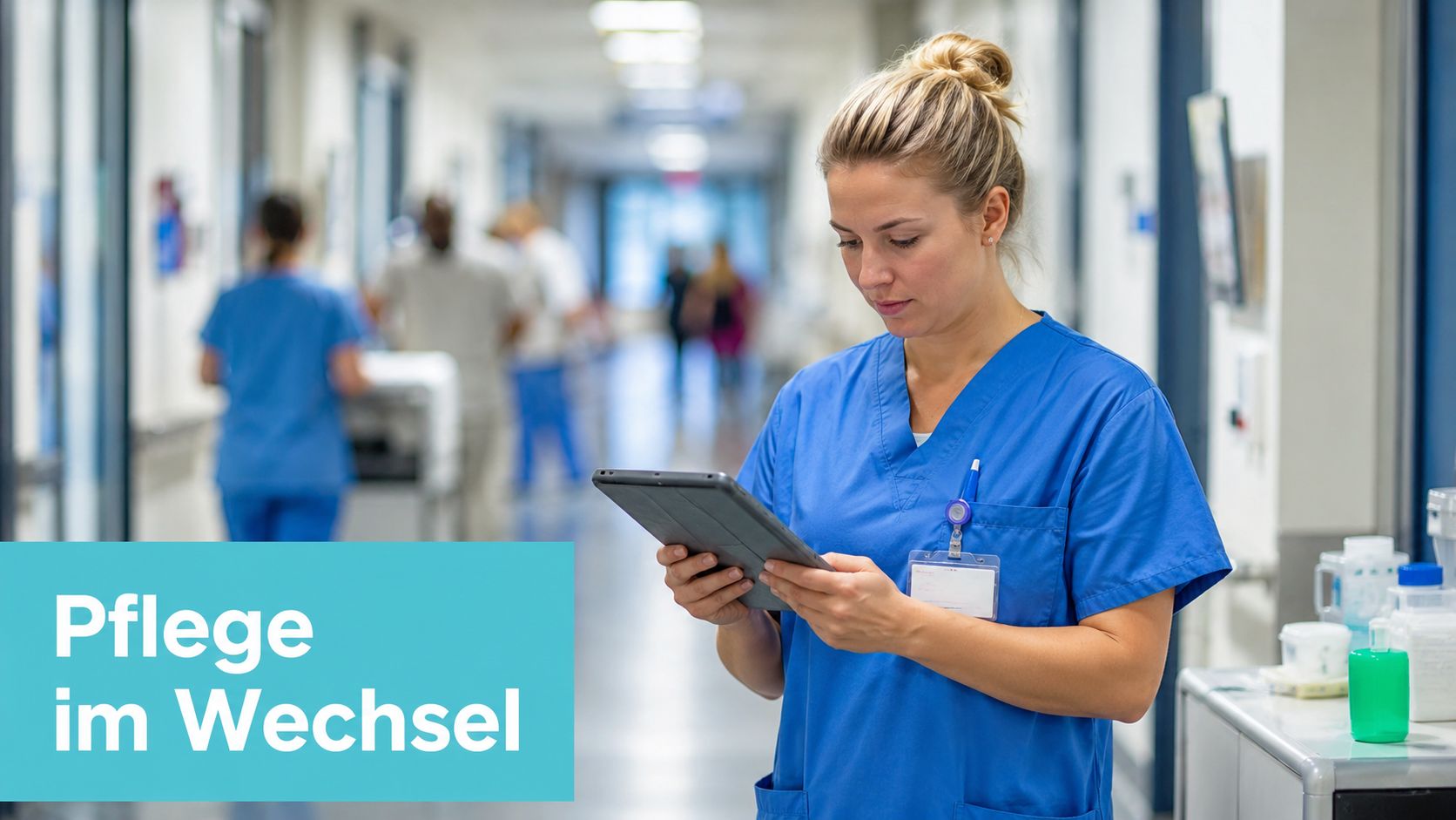 Eine Krankenschwester in blauer Arbeitskleidung betrachtet aufmerksam ein Tablet in einem modernen Krankenhausflur während der Arbeit.