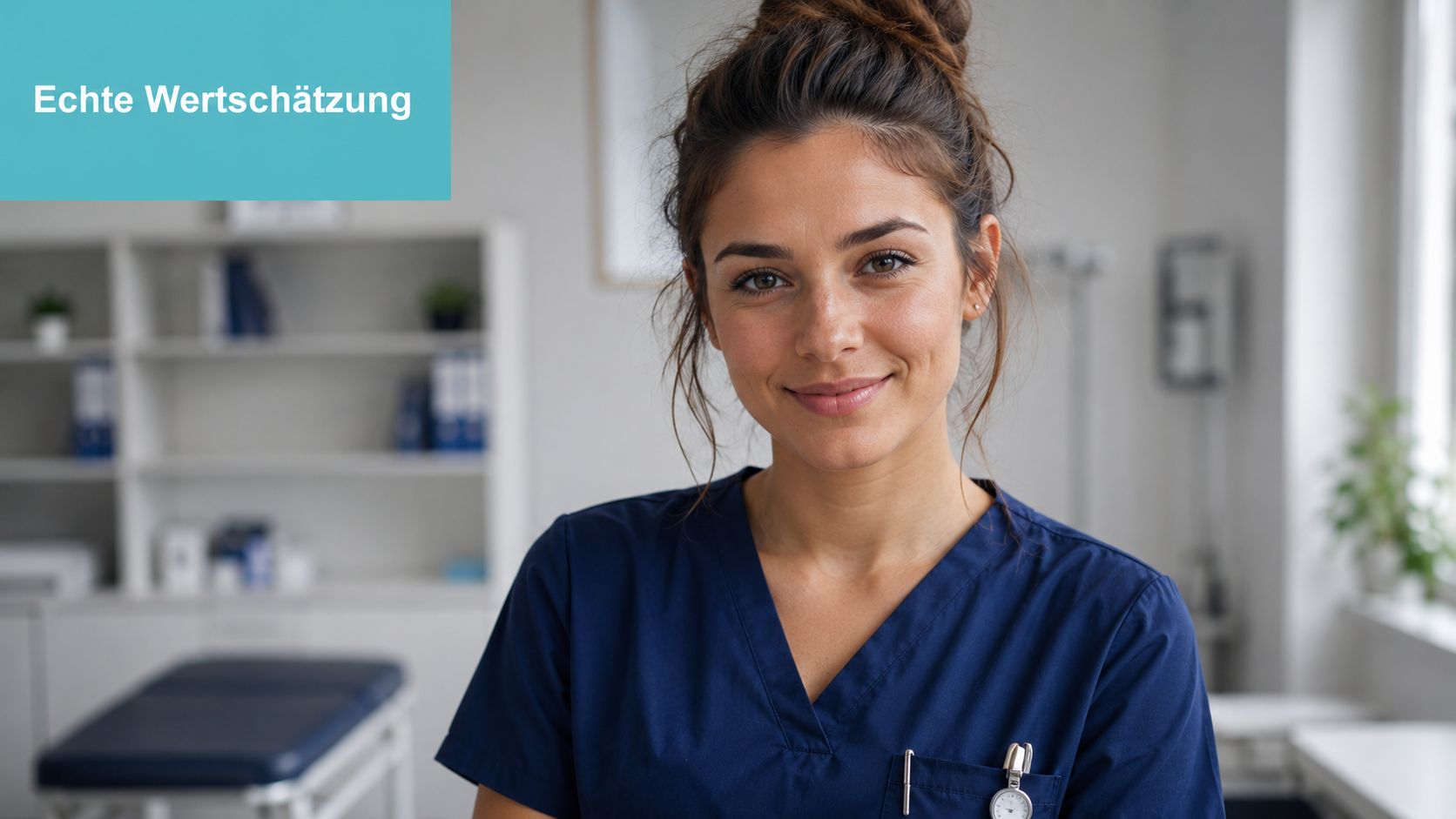 Eine freundlich lächelnde medizinische Fachkraft in blauer Arbeitskleidung steht in einer hellen, modern eingerichteten Arztpraxis.